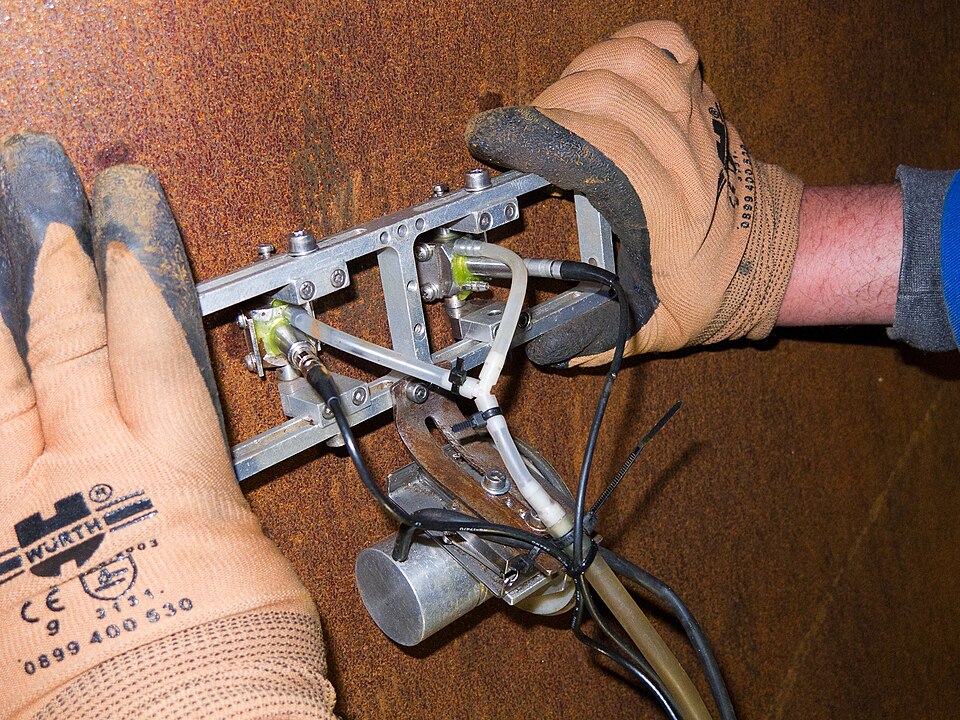 Technician scanning a pipe weld with a TOFD probe assembly